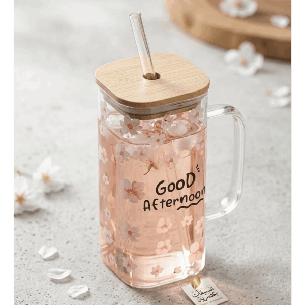 مج زجاج بشاليمو مربع مع غطاء خشب بامبو سعة 400 مللى – فلورى