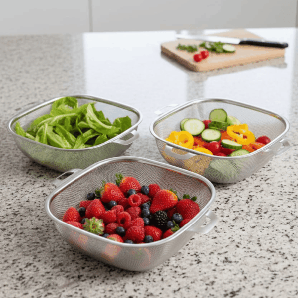 طقم مصفاة مربعه استانلس 3 قطع بيد ( 24-26-28 )