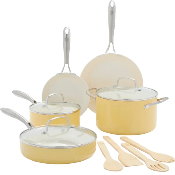 طقم اوانى طهى 9 قطع بلون الاصفر الزاهى-greeN pan