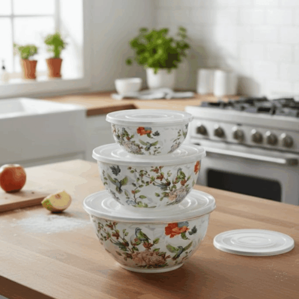 طقم بولة للثلاجه لحفظ الطعام خليجى مطلي بالمينا ومزين بالرسوم ونقوش الزهور 3 قطع