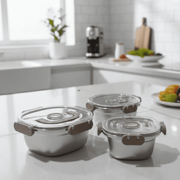 طقم ثلاجه استانلس بغطاء شفاف محكم الغلق