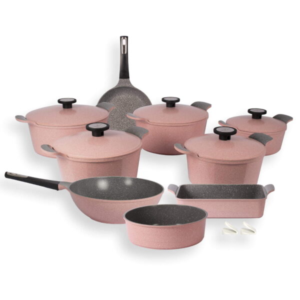 طقم حلل جيرانيت مضلع 14 قطعة روز – Neoflam