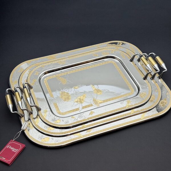 طقم صواني ايطالى 3 قطع – Rect. Flowers Gold  – FLOG-600-2-3-4