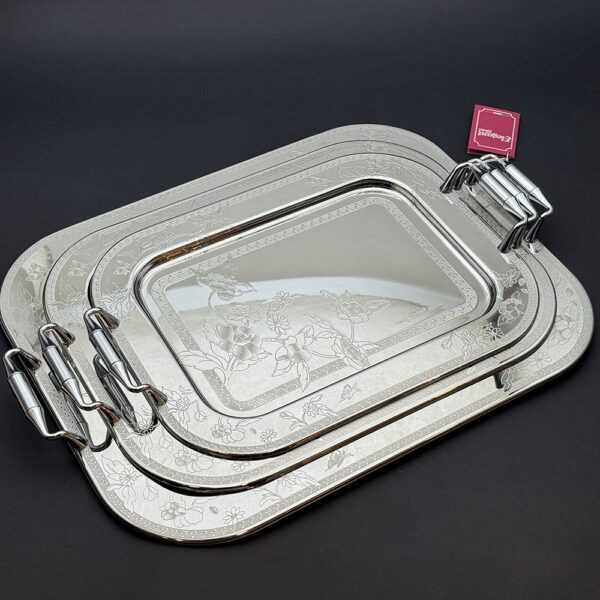 طقم صواني ايطالى 3 قطع – Rect. Flowers Silver – FLOS-600-2-3-4