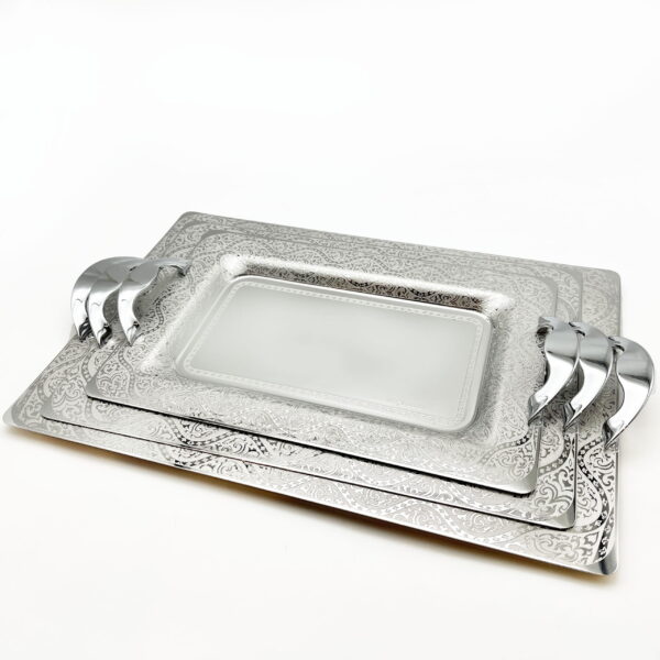 طقم صواني ايطالي 3 قطع مستطيل فضي  – Tressors
