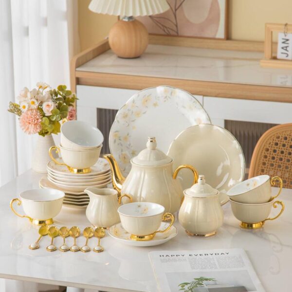 طقم شاي 30 قطعه – FLOWRY Golden Handle – Biege