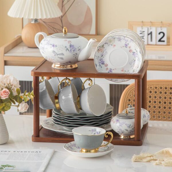 طقم شاى و جاتو 25 قطعة حامل بامبو – Gray – Golden Handle