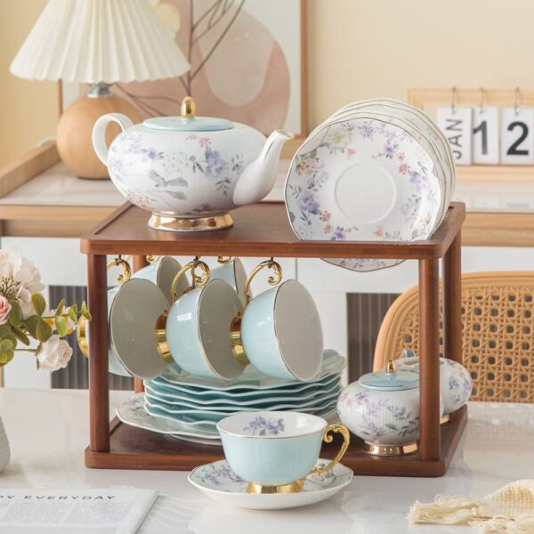 طقم شاى و جاتو 25 قطعة حامل بامبو – Baby Blue – Golden Handle