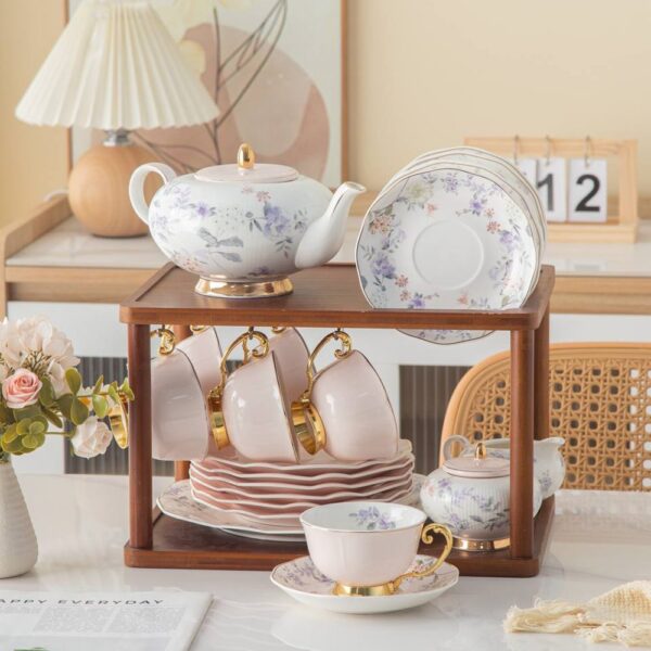 طقم شاى و جاتو 25 قطعة حامل بامبو – Pink – Golden Handle