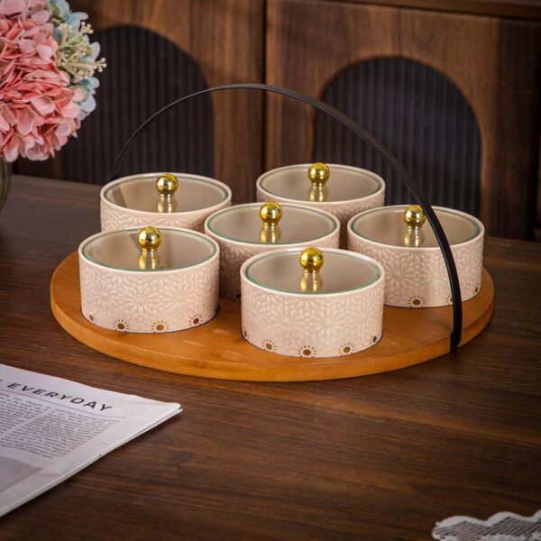 طقم تسالى 6 قطع بصينية بامبو – Andalous Design – Biege