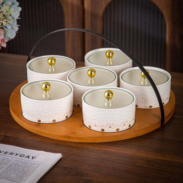 طقم تسالى 6 قطع بصينية بامبو – Andalous Design – White*Rose