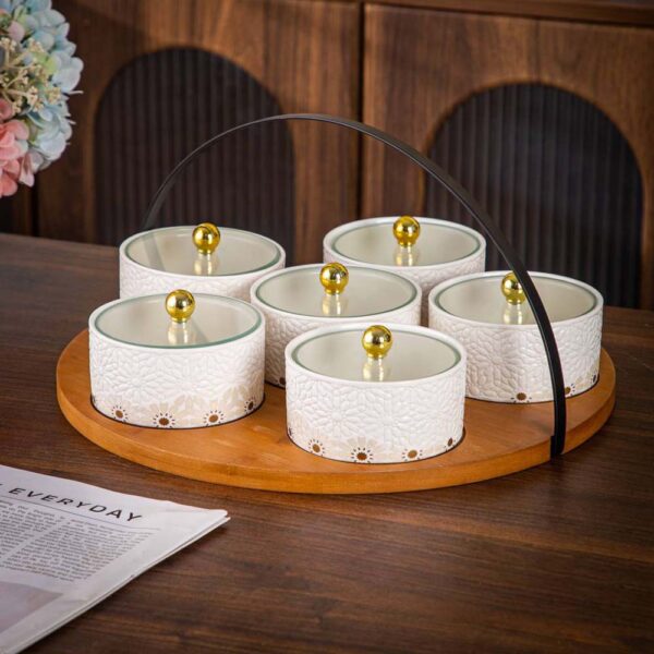 طقم تسالى 6 قطع بصينية بامبو – Andalous Design – White*Biege