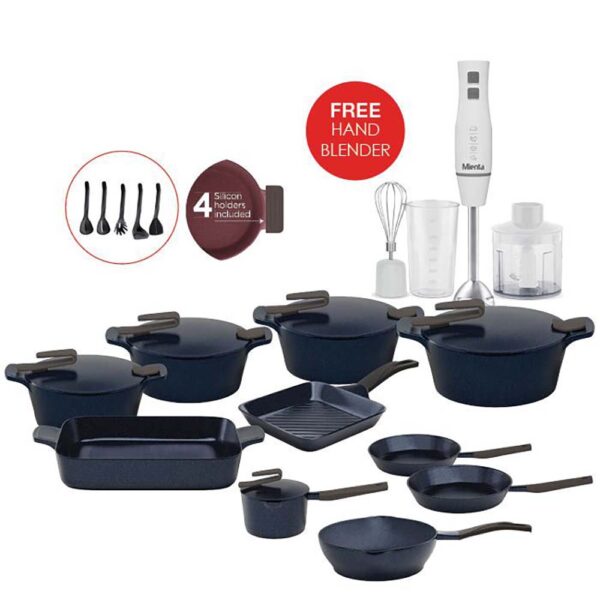 Artisan Granite 24 pieces – Midnight Blue & Free Hand Blender – Pyrex