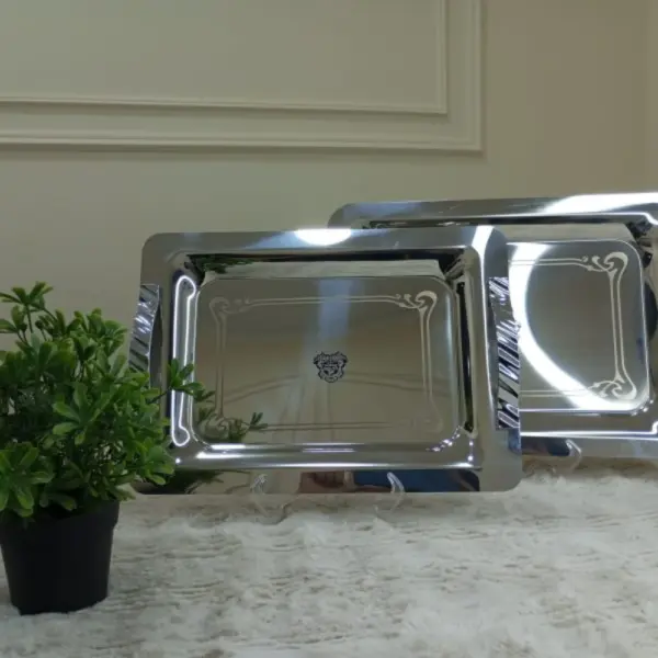 طقم صواني تقديم ليزر 2 قطعه بمقابض فضي – نيو تريز