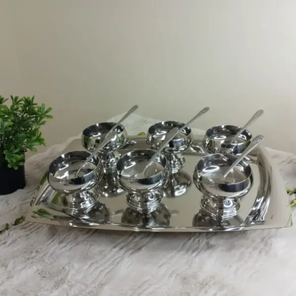 طقم كاس جيلي 6 قطعه استانلس بالمعالق و الصينية نيو تريز