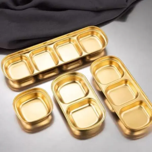 طبق تقديم صوص استانلس ذهبي مستطيل مقسم